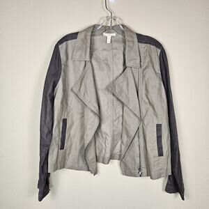 Eileen Fisher Moto Jacket Coated Organic Linen Asymmetric Casual Taupe Size PL